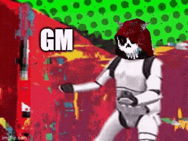 a cartoon of a storm trooper with a skull on his head and the words `` gm '' .