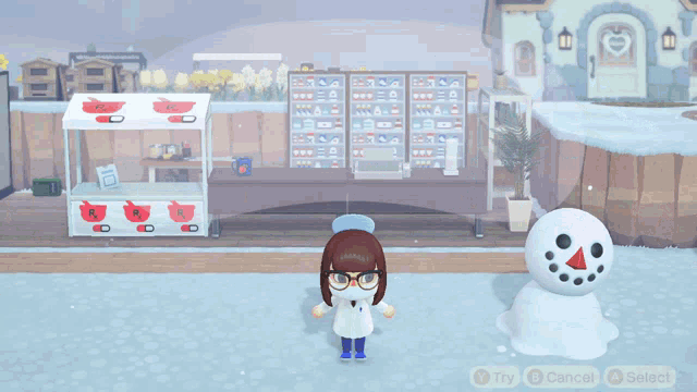 a video game character stands in front of a snowman