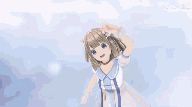 a girl in a blue and white dress stands in front of a cloudy sky