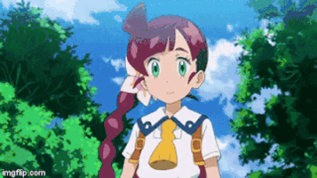 a girl with purple hair and green eyes is standing in the woods .