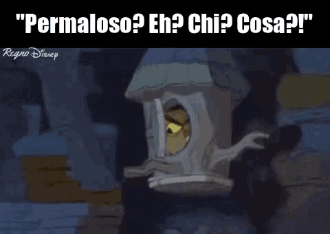 a cartoon of a birdhouse with the words " permaloso eh? chi? cosa? " below it