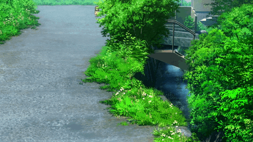 a bridge over a river surrounded by trees and flowers