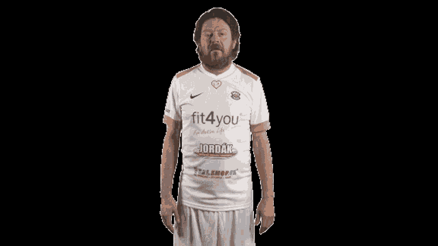a man with a beard is wearing a white shirt that says fit4you on it