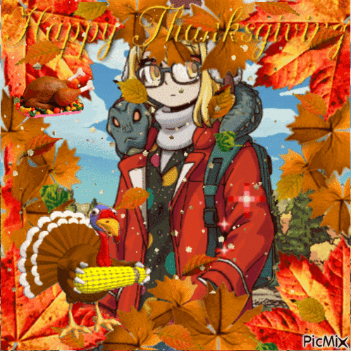 a picture of a girl holding a turkey and a corn on the cob with the words happy thanksgiving in the background