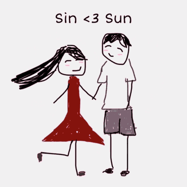 a drawing of a man and woman with the words sin < 3 sun above them