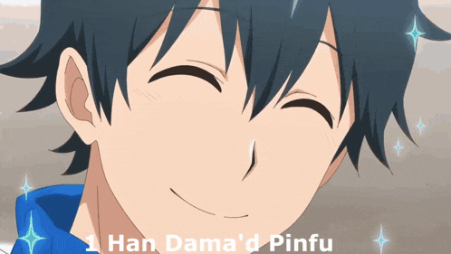 a close up of a boy with the words han dama 'd pinfu on the bottom