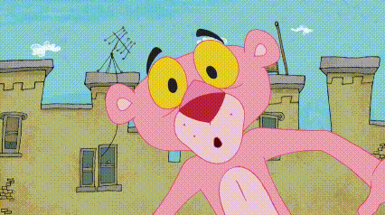 a cartoon of a pink panther with big yellow eyes