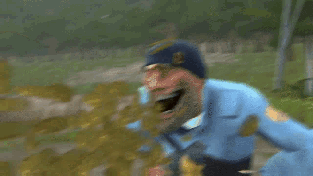 a cartoon character with a yellow face and the letter c on his hat