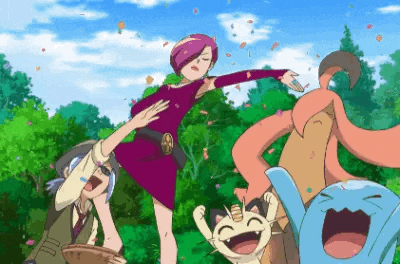 a group of cartoon characters are standing next to each other in a park .