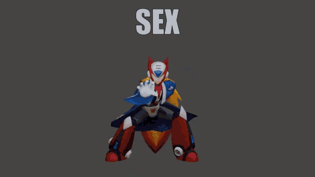 a robot with a yellow tail is dancing with the word sex in the background