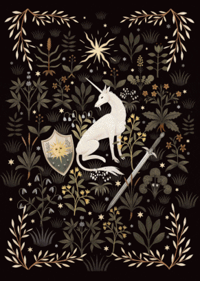 a dragon with three heads is surrounded by trees and flowers on a black background