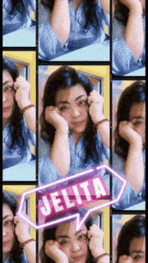 a collage of pictures of a woman with the name jelita written in a speech bubble