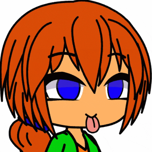 a cartoon character with red hair and blue eyes sticking out his tongue