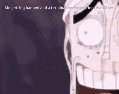 a cartoon of a face with the words " me getting banned and a termination from orient for 24 hrs " below it