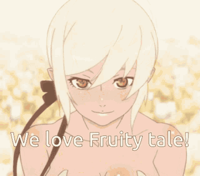 a girl holding a bouquet of flowers with the words " we love fruity tale " written below her