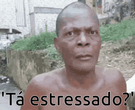 a shirtless man is standing in front of a river with the words " ta estressanto " written on the bottom