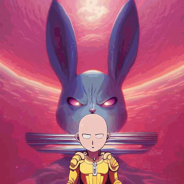 a cartoon character with a blue rabbit head behind him