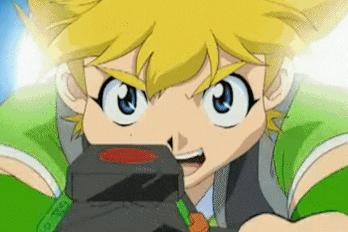 a boy with yellow hair is holding a black object