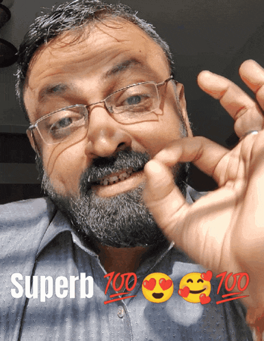 a man with glasses and a beard has the word superb above his head