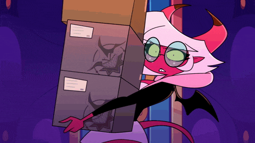 a cartoon character is carrying a stack of boxes with a sticker that says ' a ' on it