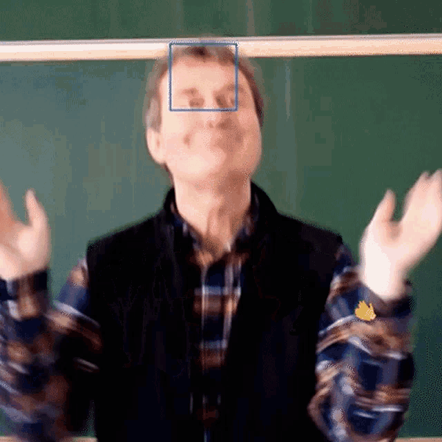 a man in a plaid shirt is standing in front of a green chalkboard