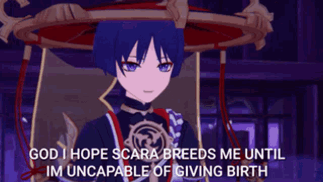 a video game character says god i hope scara breeds me until im uncastable of giving birth