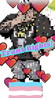 a pixel art of a man with hearts around him and the words trans rights