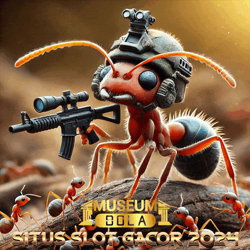 an ant wearing a helmet and holding a gun with the words museum bola situs slot gacor 2024