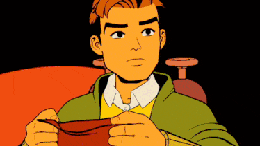 a cartoon of a man holding a red object