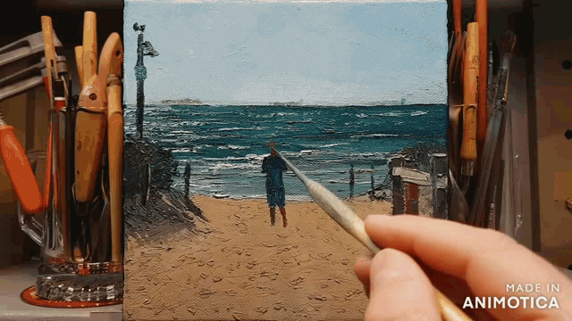 a painting of a man standing on a beach is made in animatica