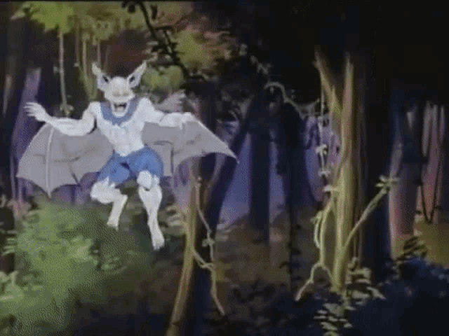 a cartoon character is flying through a forest .