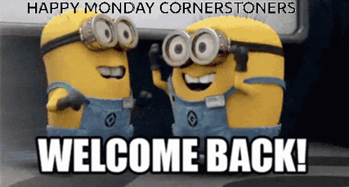 two minions wearing goggles are standing next to each other with the words welcome back on the bottom