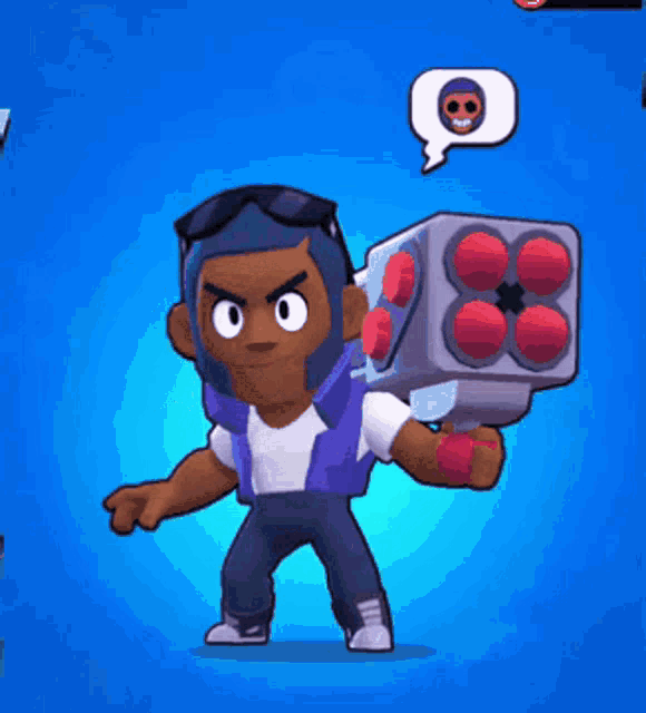 a cartoon character with a skull in a speech bubble holding a cube