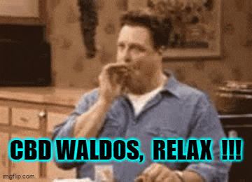 a man is sitting at a table with the words cbd waldo 's relax written on it