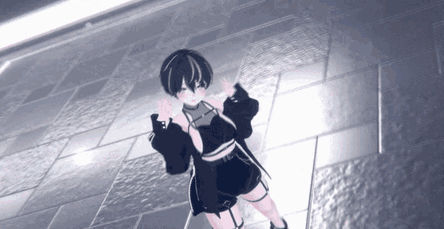 a computer generated image of a girl standing on a tile floor