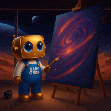 a robot with the word baby grok on his shirt