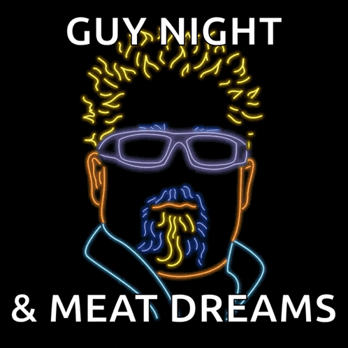 a poster for guy night and meat dreams shows a man with a beard and glasses