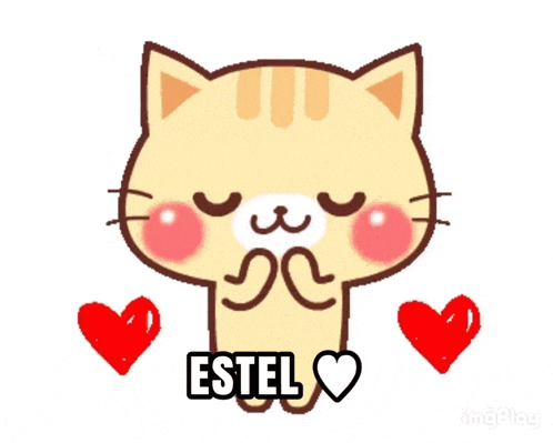 a cartoon cat is holding a heart in front of its face and the word estel is below it