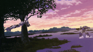 a robot is flying over a body of water with a tree in the foreground