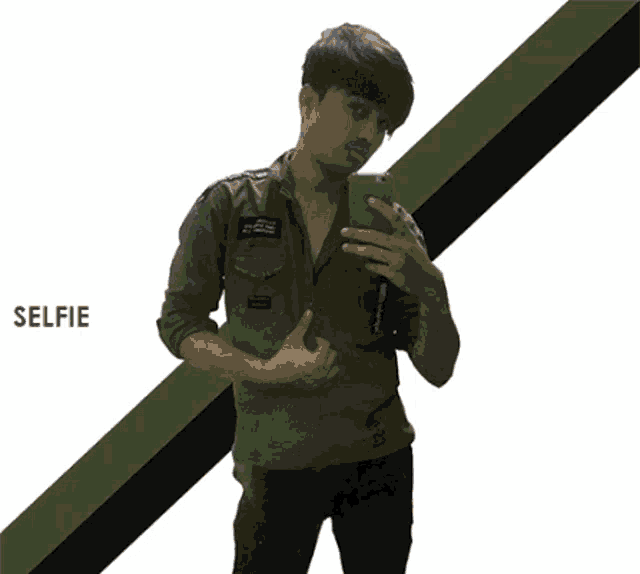 a young man taking a selfie with the word selfie below him