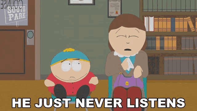 a cartoon of a woman sitting next to a boy with the words he just never listens