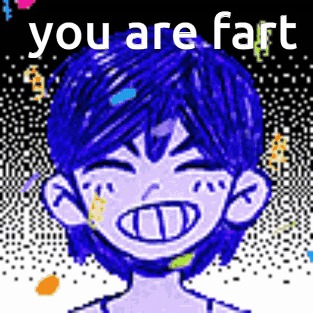 a pixel art of a boy with blue hair and the words you are fart .