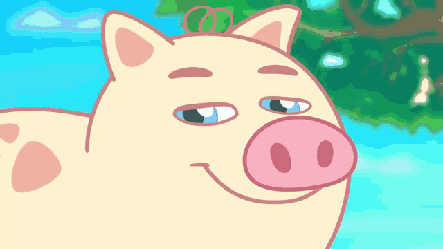 a close up of a cartoon pig with blue eyes and a pink nose