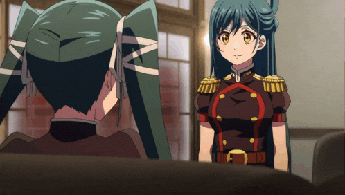 two anime girls are standing next to each other and one is wearing a military uniform