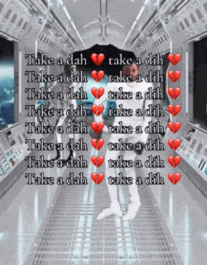 a man in a space suit is holding an umbrella with the words take a dah written on it
