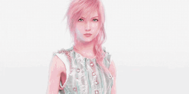 a woman with pink hair and green eyes is wearing a white and blue dress