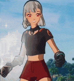 a cartoon girl in a crop top and shorts is standing in front of a palm tree .