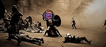 a group of soldiers are fighting each other and one of them has a shield and a spear with the letter r on it