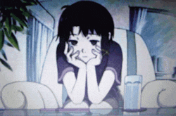 a cartoon of a girl sitting at a table with her hand on her chin