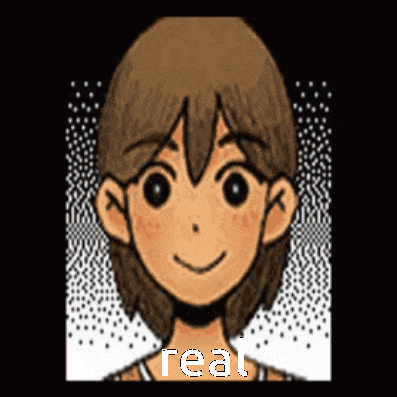 a cartoon of a girl with brown hair and a smile on her face with the word real written on the bottom .